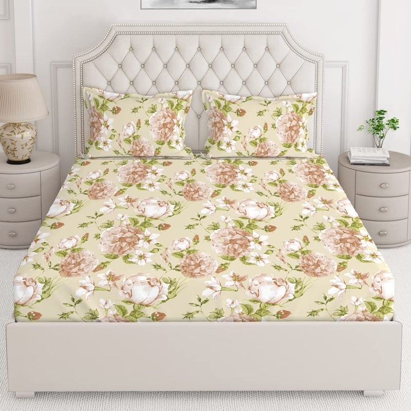 Layers Classic 100 Cotton Bedsheet Set for All Seasons Lightweight Moisture Absorbent Machine Washable Easy to Care Gift for Housewarming More 104 TC Queen Size Brown Floral Pattern - Image 1