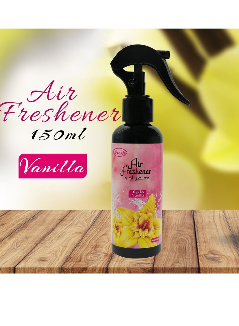 فريش بخاخ معطر جو برائحة الفانيليا المنعشة (150 مل) – معطر غرف يدوم طويلاً، ومنعش للأقمشة، ومزيل للروائح الكريهة. حل متكامل للعناية بالجو والاستخدام اليومي في المنزل والمكتب والسيارة والحمام وغرفة النوم وخزانة الأحذية والستائر والأرائك؛ يضفي رذاذاً معطراً برائحة منعشة. - Image 1