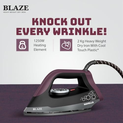 Havells Blaze Dry Iron 2 KG Heavy Weight Dry Iron| 1250W| American Heritage Non-stick Coated Sole Plate For Smooth Gliding & Long Life| Aerodynamic Design| 2 Year Manufacturer Warranty (Black) - Image 2