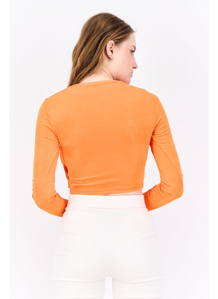 Bershka Women Surplice Neck Long Sleeve Solid Crop Top, Orange  - Image 3