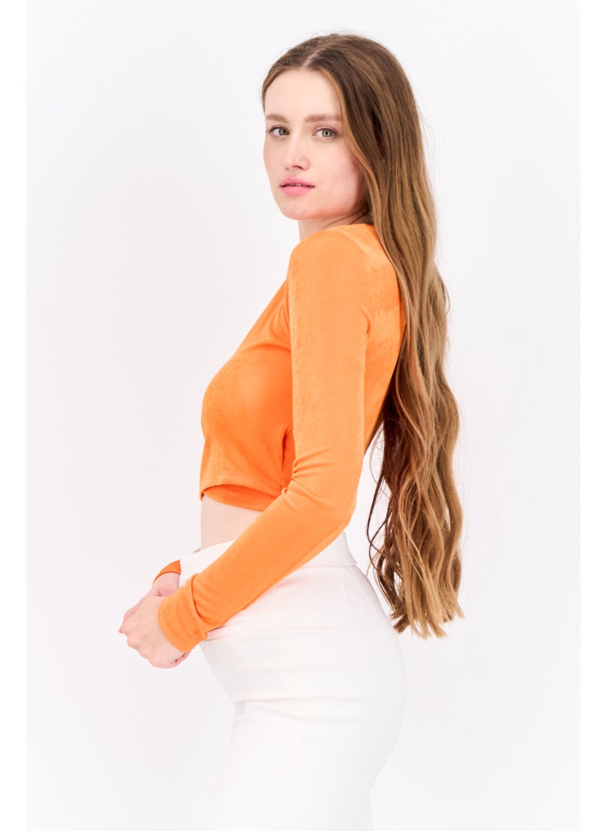 Bershka Women Surplice Neck Long Sleeve Solid Crop Top, Orange  - Image 2