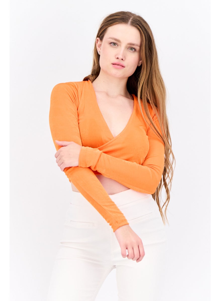 Bershka Women Surplice Neck Long Sleeve Solid Crop Top, Orange  - Image 1