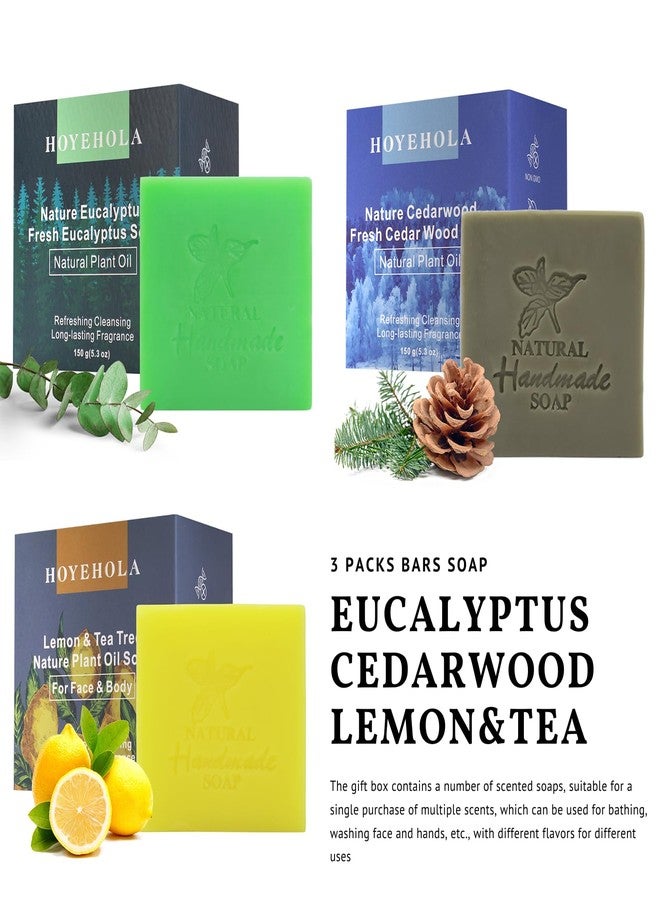 HOYEHOLA 3Pcs Natural Soap Bars for Bath Wash - Fresh Plant Essential Oils Eucalyptus, Cedarwood, Lemon Soap Bars for All Skin Type - Image 2
