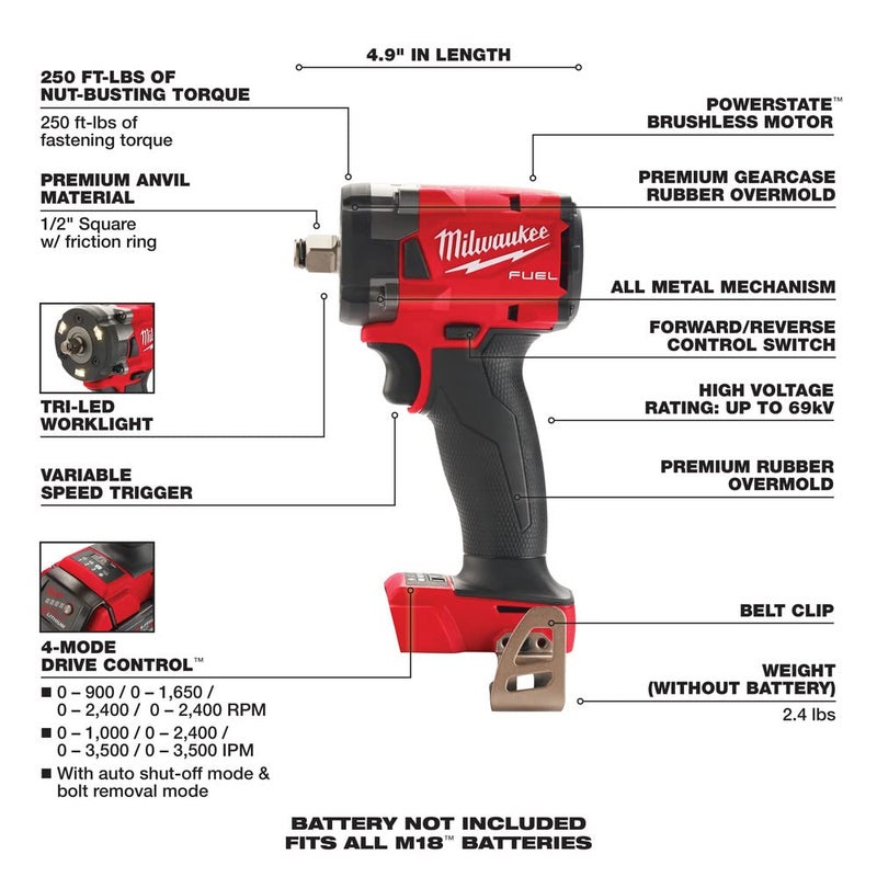 Milwaukee Electric - M18 Fuel 1/2 Compact Impact Wrench W/Fric Ring - Image 3