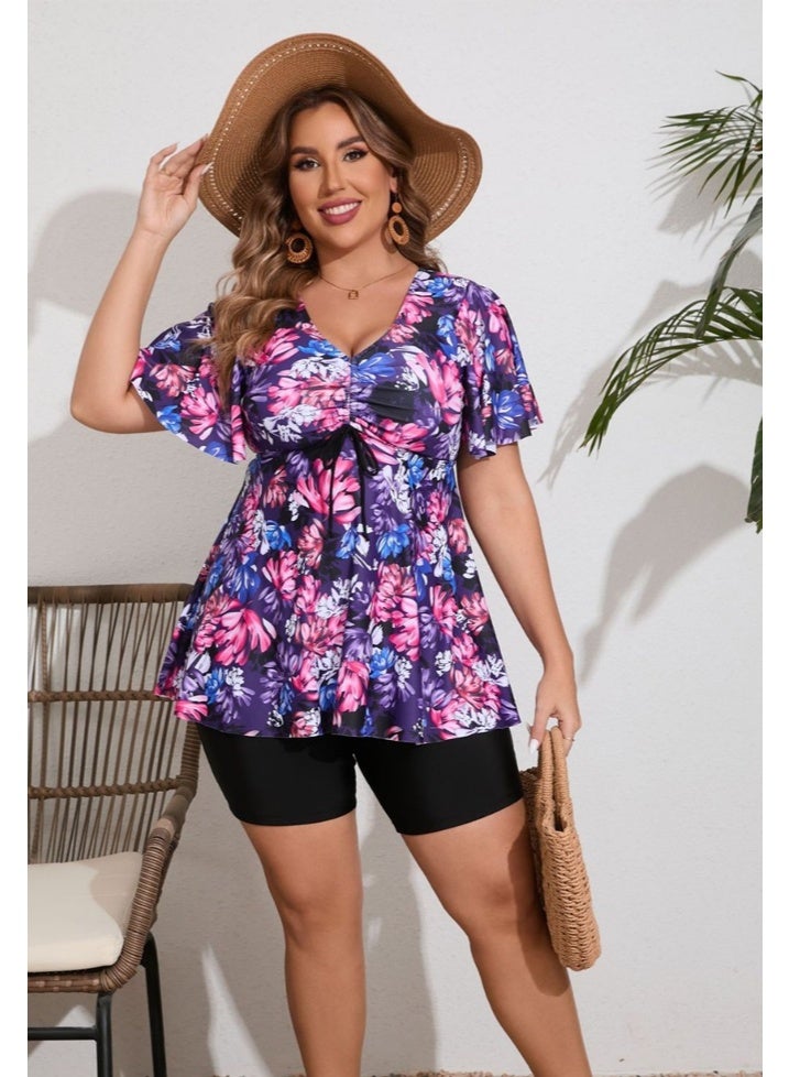 Al Aoyama Plus Size Floral Tankini Swimsuits for Women, Flowy Ruffle Sleeve Bathing Suit with Boyshorts, Tummy Control Modest Swimwear - Image 3