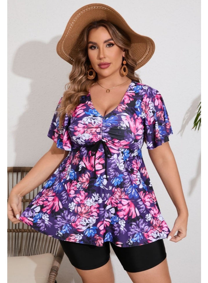 Al Aoyama Plus Size Floral Tankini Swimsuits for Women, Flowy Ruffle Sleeve Bathing Suit with Boyshorts, Tummy Control Modest Swimwear - Image 4