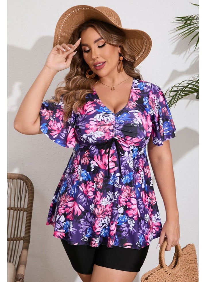 Al Aoyama Plus Size Floral Tankini Swimsuits for Women, Flowy Ruffle Sleeve Bathing Suit with Boyshorts, Tummy Control Modest Swimwear - Image 5
