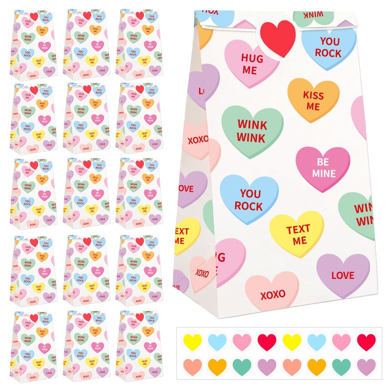 FEBSNOW 20 Pack Valentines Day Gift Bags, Conversation Hearts Paper Treat Candy Goodie Bags with 20 Heart Stickers for Anniversary Wedding Birthday Party Decorations Party Favors Wrapping Supplies - Image 1