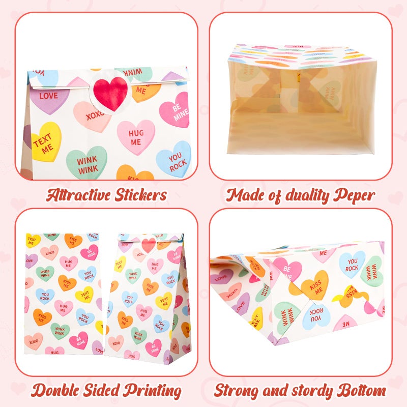 FEBSNOW 20 Pack Valentines Day Gift Bags, Conversation Hearts Paper Treat Candy Goodie Bags with 20 Heart Stickers for Anniversary Wedding Birthday Party Decorations Party Favors Wrapping Supplies - Image 3
