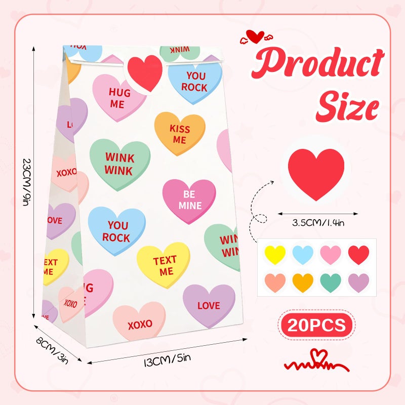 FEBSNOW 20 Pack Valentines Day Gift Bags, Conversation Hearts Paper Treat Candy Goodie Bags with 20 Heart Stickers for Anniversary Wedding Birthday Party Decorations Party Favors Wrapping Supplies - Image 2