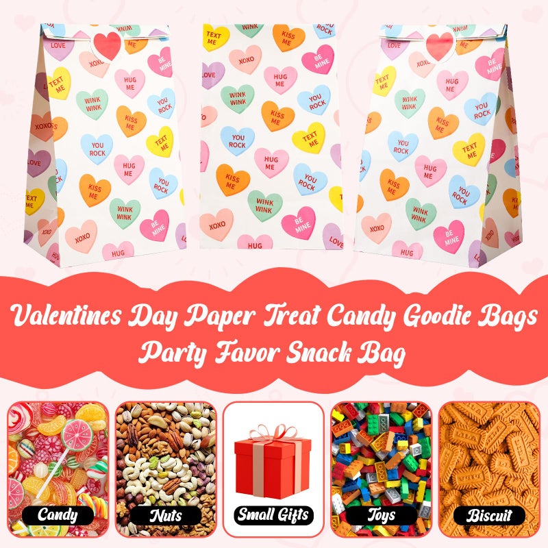 FEBSNOW 20 Pack Valentines Day Gift Bags, Conversation Hearts Paper Treat Candy Goodie Bags with 20 Heart Stickers for Anniversary Wedding Birthday Party Decorations Party Favors Wrapping Supplies - Image 4