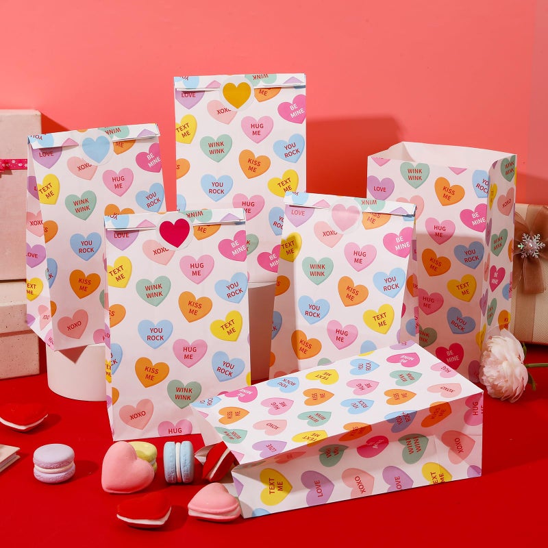 FEBSNOW 20 Pack Valentines Day Gift Bags, Conversation Hearts Paper Treat Candy Goodie Bags with 20 Heart Stickers for Anniversary Wedding Birthday Party Decorations Party Favors Wrapping Supplies - Image 5