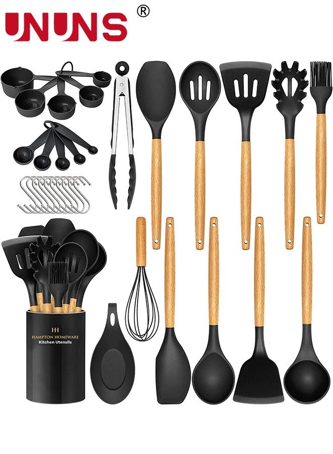UNUNS Kitchen Utensils Set,34pcs Non-Stick Silicone Cooking Utensils Set,Heat-Resistant Silicone,Wooden Utensils For Cooking,Kitchen Gadgets Spatula Set,Apartment Essentials Kitchen Set - Image 1
