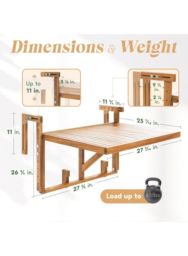 A foldable balcony, adjustable in height and width, with wooden railings, a shelf, and a hanging table; rectangular in shape. - Image 2