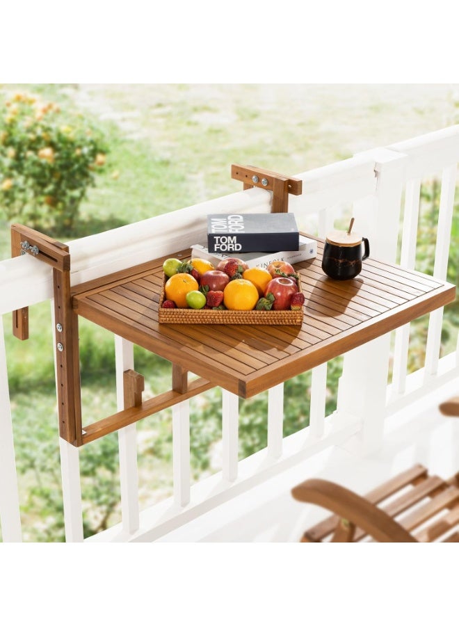 A foldable balcony, adjustable in height and width, with wooden railings, a shelf, and a hanging table; rectangular in shape. - Image 1