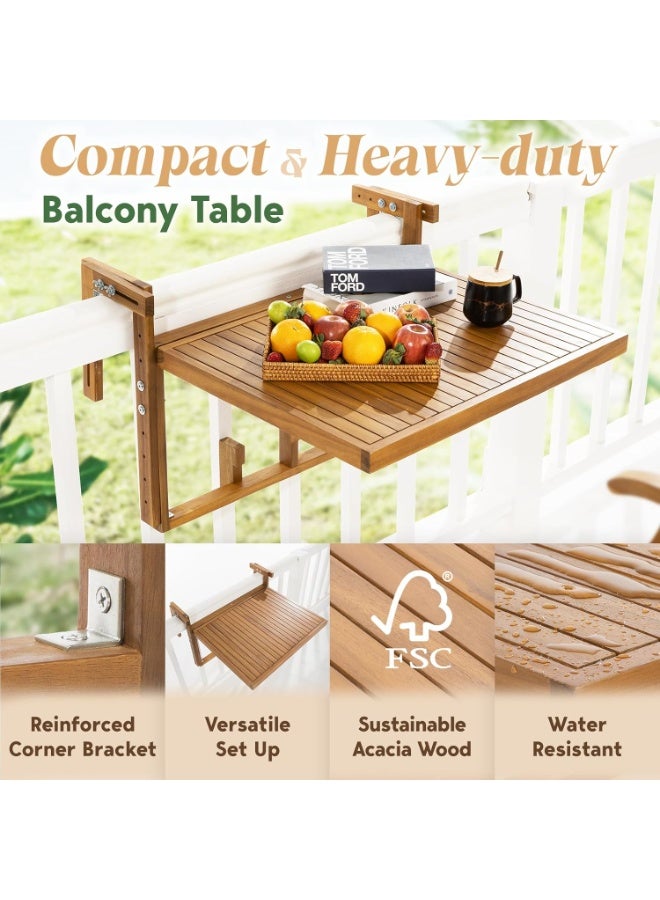 A foldable balcony, adjustable in height and width, with wooden railings, a shelf, and a hanging table; rectangular in shape. - Image 4