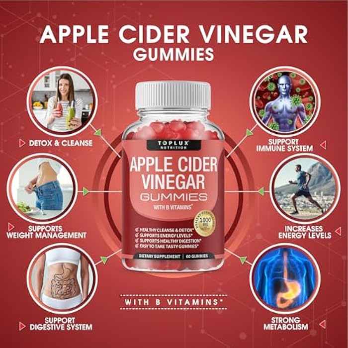 Toplux Apple Cider Vinegar Gummies - 1000mg ACV with B12, Beet Root, Pomegranate for Immune System, Detox & Cleanse, Gummy Alternative to Apple Cider Vinegar Capsules, for Men Women 2X Pack - Image 2