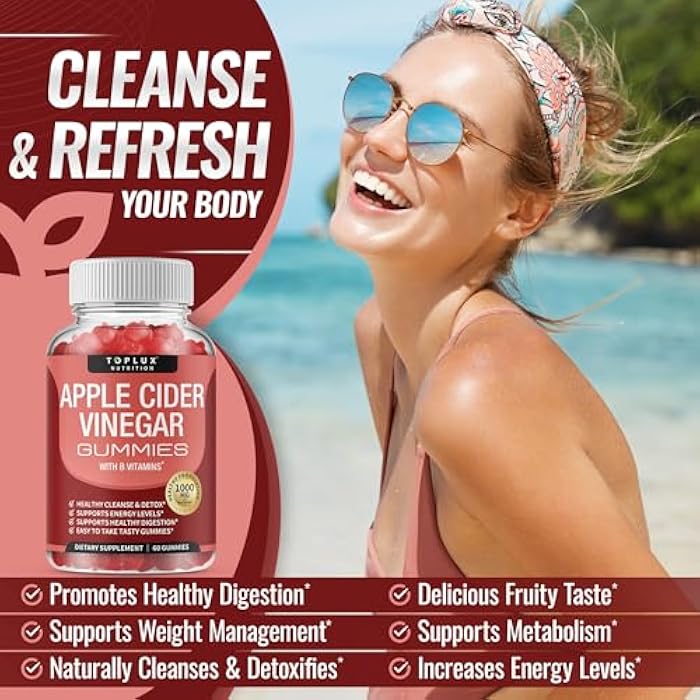 Toplux Apple Cider Vinegar Gummies - 1000mg ACV with B12, Beet Root, Pomegranate for Immune System, Detox & Cleanse, Gummy Alternative to Apple Cider Vinegar Capsules, for Men Women 2X Pack - Image 3