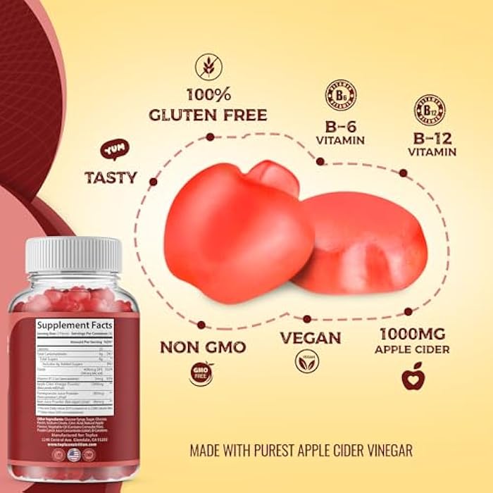 Toplux Apple Cider Vinegar Gummies - 1000mg ACV with B12, Beet Root, Pomegranate for Immune System, Detox & Cleanse, Gummy Alternative to Apple Cider Vinegar Capsules, for Men Women 2X Pack - Image 4