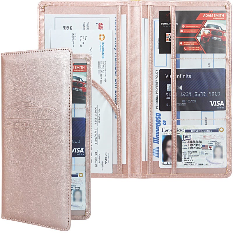 Bodskad Car Registration and Insurance Holder Premium Leather Insurance and Registration Holdervehicle Glove Box Car Organizer with Magnetic Shut for Cards Driver License Rose Gold - Image 3