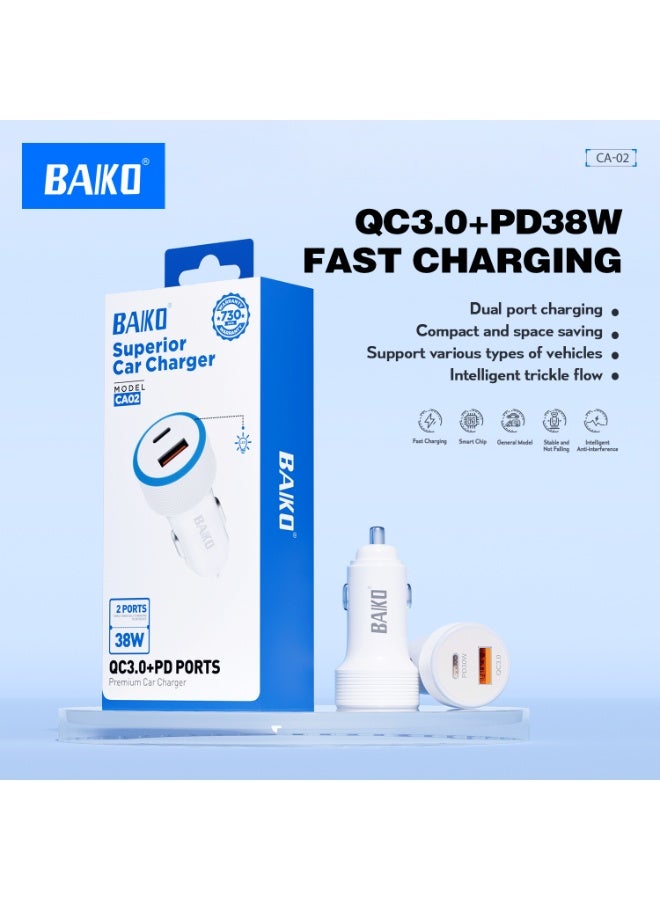 BAIKO CA02 38W QC3.0 + PD Fast Charging Car Charger, Dual USB Ports Premium Car Adapter for iPhone, Android Phones, Tablets & GPS Devices - Image 3