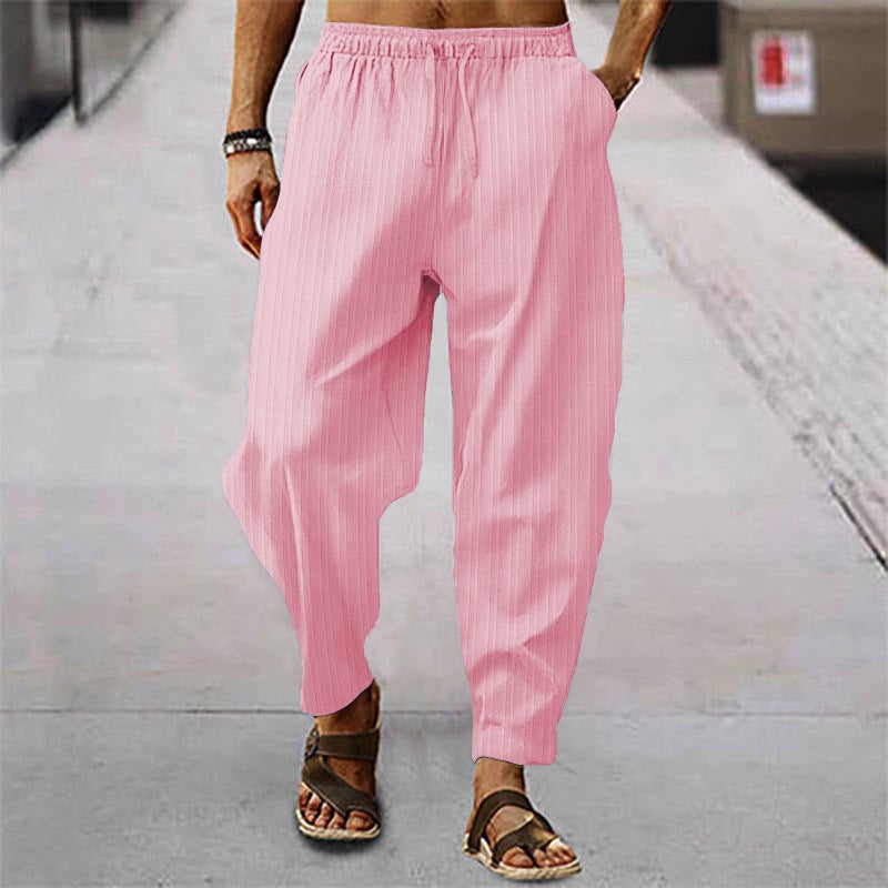 Mens Summer Hip-Hop Cotton Linen Striped Casual Pants Pink