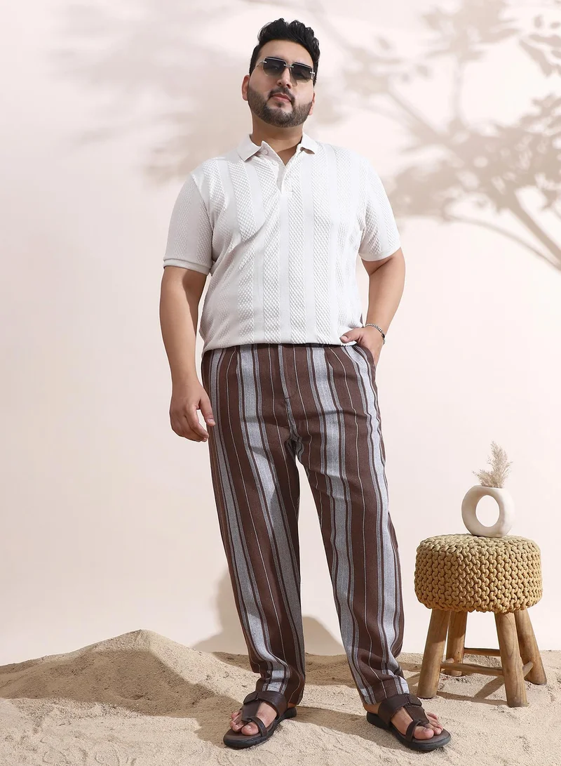 Instafab Plus  Instafab Plus Men's Mocha Brown Multitrack-Weave Cigarette Trousers For Casual Wear | Mid-Rise | Regular Fit | Button Closure | Plus Size Trousers Crafted With Comfort Fit For Everyday Wear for Men | Best Price UAE