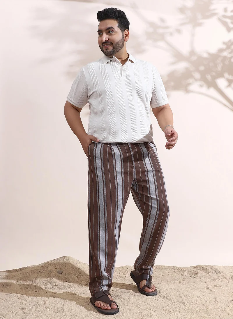 Instafab Plus  Instafab Plus Men's Mocha Brown Multitrack-Weave Cigarette Trousers For Casual Wear | Mid-Rise | Regular Fit | Button Closure | Plus Size Trousers Crafted With Comfort Fit For Everyday Wear for Men | Best Price UAE