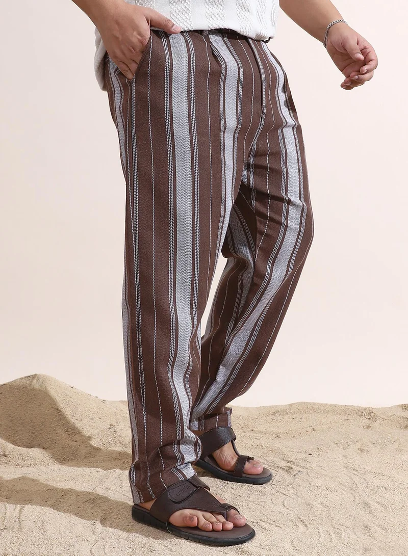 Instafab Plus  Instafab Plus Men's Mocha Brown Multitrack-Weave Cigarette Trousers For Casual Wear | Mid-Rise | Regular Fit | Button Closure | Plus Size Trousers Crafted With Comfort Fit For Everyday Wear for Men | Best Price UAE