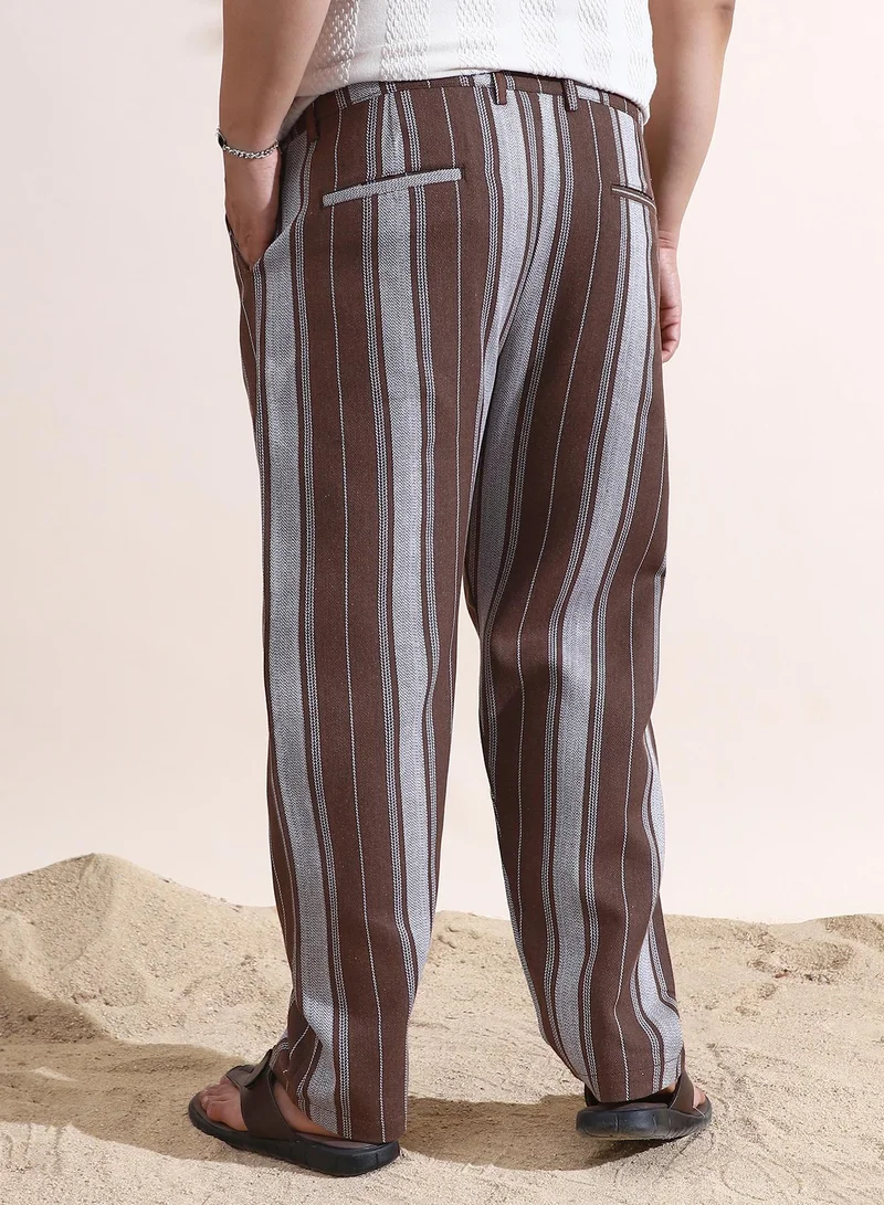 Instafab Plus  Instafab Plus Men's Mocha Brown Multitrack-Weave Cigarette Trousers For Casual Wear | Mid-Rise | Regular Fit | Button Closure | Plus Size Trousers Crafted With Comfort Fit For Everyday Wear for Men | Best Price UAE