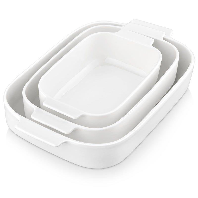 MALACASA Casserole Dishes for Oven, Ceramic Baking Dishes Set of 3, Rectangular Lasagna Pan Deep Baking Pans, Bakeware Sets with Handles Gift Set, White (13.8''/11.7''/9.4''), Series BAKE - Image 1