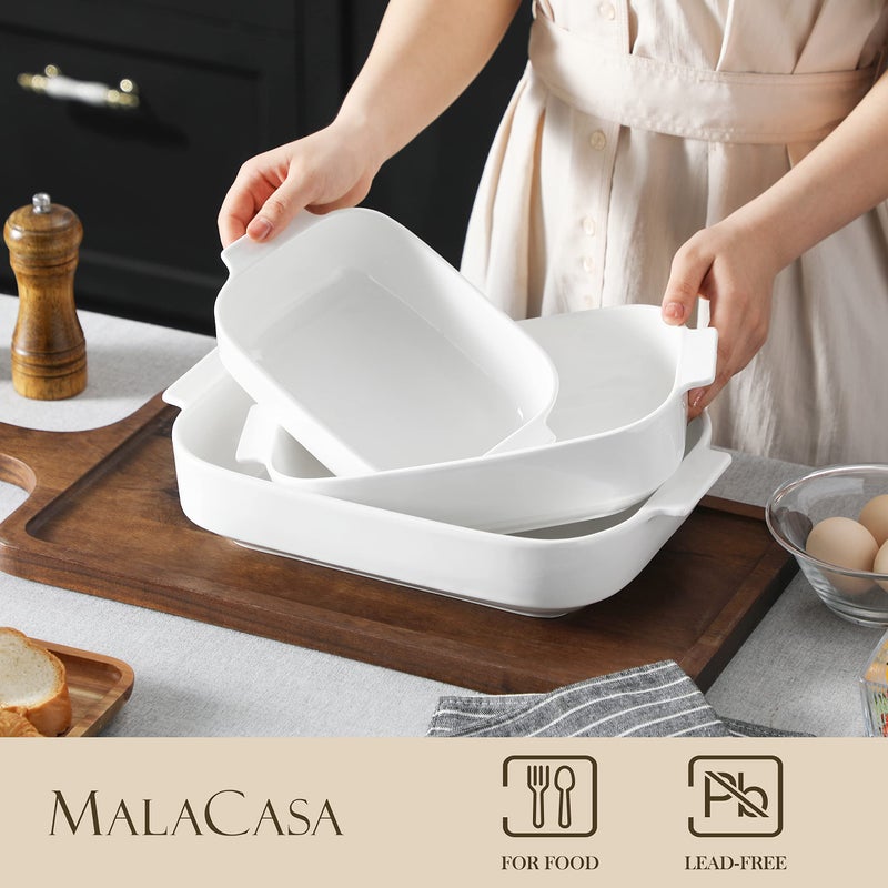 MALACASA Casserole Dishes for Oven, Ceramic Baking Dishes Set of 3, Rectangular Lasagna Pan Deep Baking Pans, Bakeware Sets with Handles Gift Set, White (13.8''/11.7''/9.4''), Series BAKE - Image 4