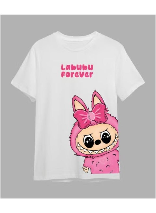 لابوبو تي شيرت LABUBU للأبد - ملابس كاجوال للجنسين بأكمام قصيرة، قميص قطني أبيض لطيف وعصري