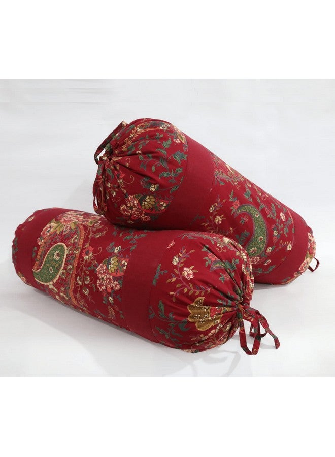 Swayam Round Bed Side Long Bolster Pillow Cover Cotton Printed Soft and Luxurious Decorative 30" x 30" Bolster Cover Set of 2 for Living Room Diwan Set, Maroon - Image 1