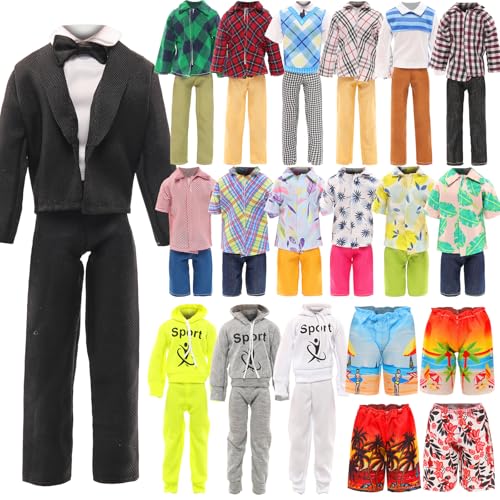 Miunana 10 Pcs Fashion Pack for 12 Inch Boy Dolls 5 Sets Casual Wear Clothes Outfit with 5 Shoes for boy Doll Black Suit Casual Wear Clothes Tracksuit Swimwear - Image 1