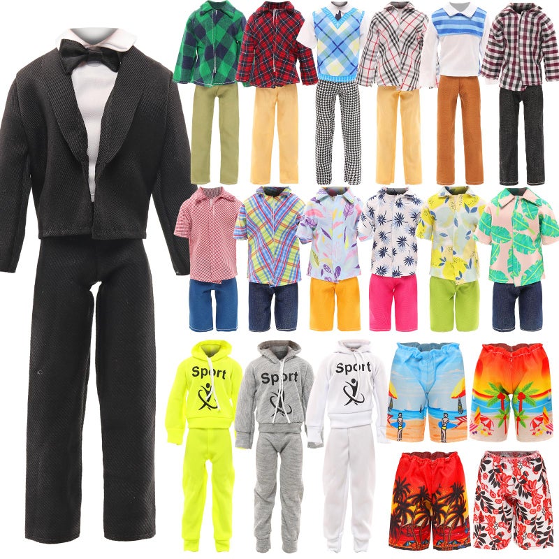 Miunana 10 Pcs Fashion Pack for 12 Inch Boy Dolls 5 Sets Casual Wear Clothes Outfit with 5 Shoes for boy Doll Black Suit Casual Wear Clothes Tracksuit Swimwear - Image 3