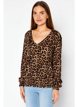 Women V-Neck Long Sleeves Animal Print Blouse, Brown