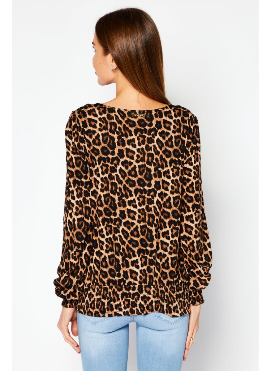Michael Kors - Women V-Neck Long Sleeves Animal Print Blouse, Brown - Image 1