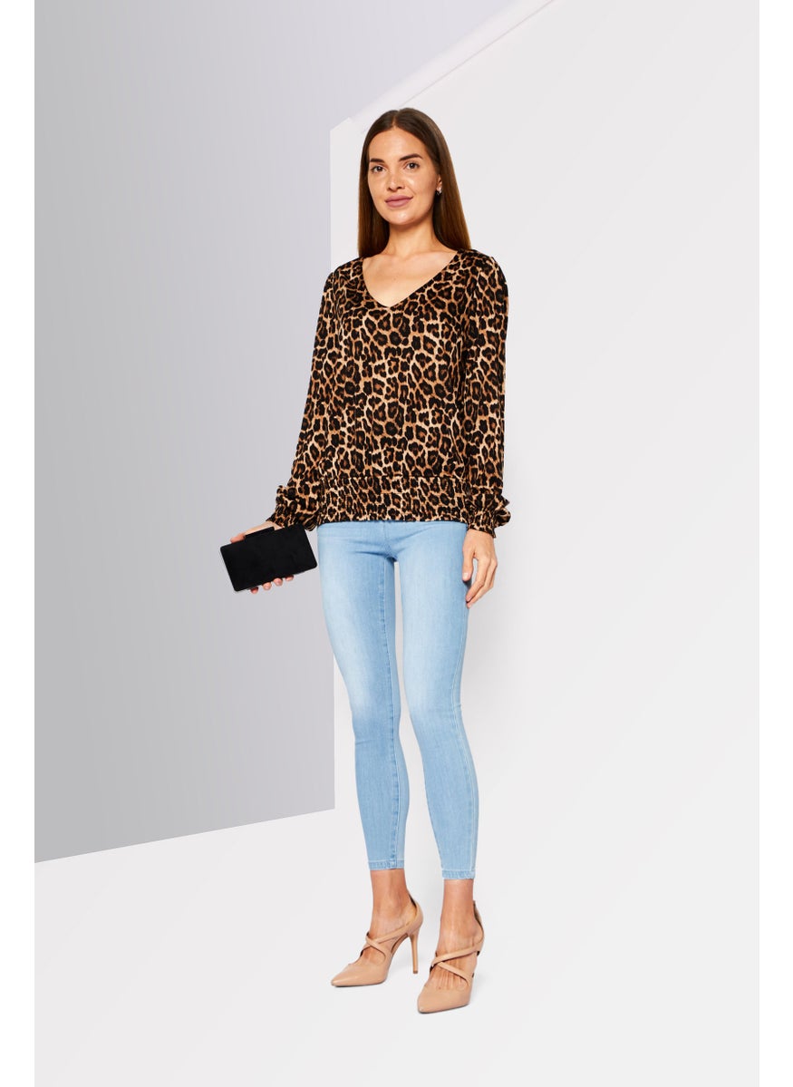 Michael Kors - Women V-Neck Long Sleeves Animal Print Blouse, Brown - Image 1