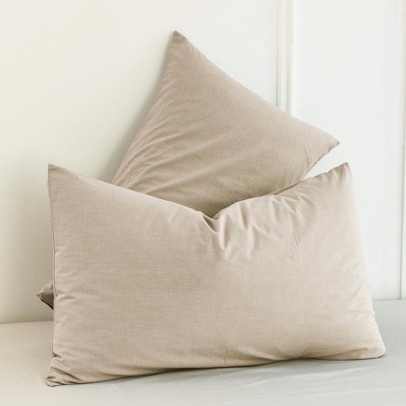 MooMee Bedding Pillowcases Pack of 2 100% Washed Cotton Linen Like Textured Breathable Durable Soft Comfy (Almond Milk Grey  King) - Image 3