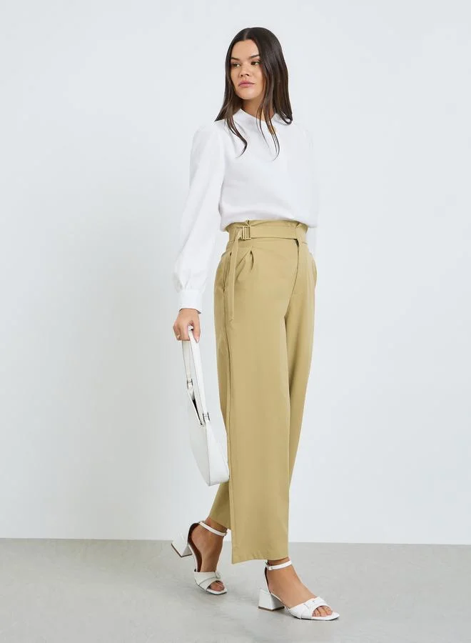 Take Two Beige Belted High Waist Wide Leg Pants