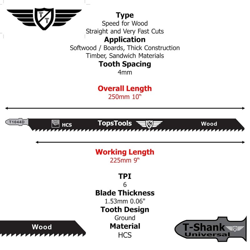 TopsTools 5 x JSTT1044D T1044D 250mm Jigsaw Blades Designed for Long Clean Straight and Fast Cuts in Wood - Image 3