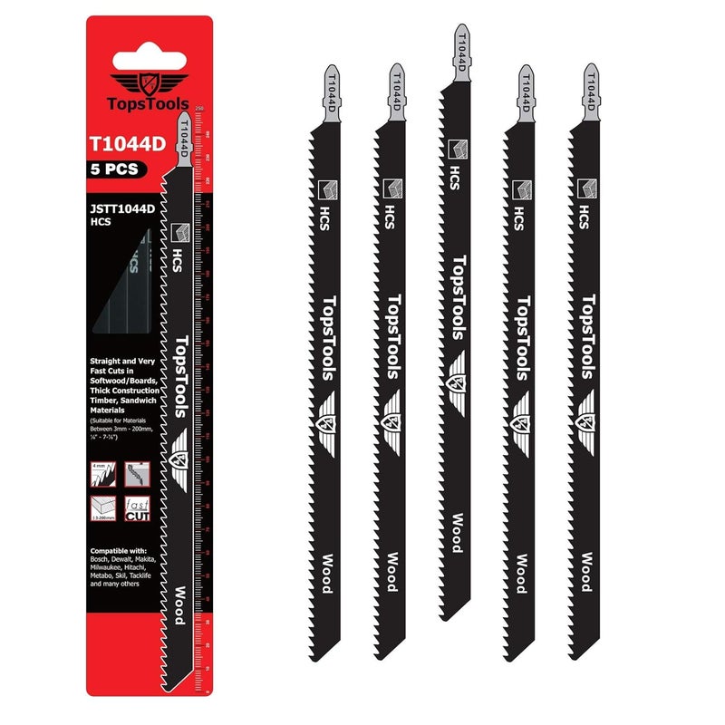 TopsTools 5 x JSTT1044D T1044D 250mm Jigsaw Blades Designed for Long Clean Straight and Fast Cuts in Wood - Image 1