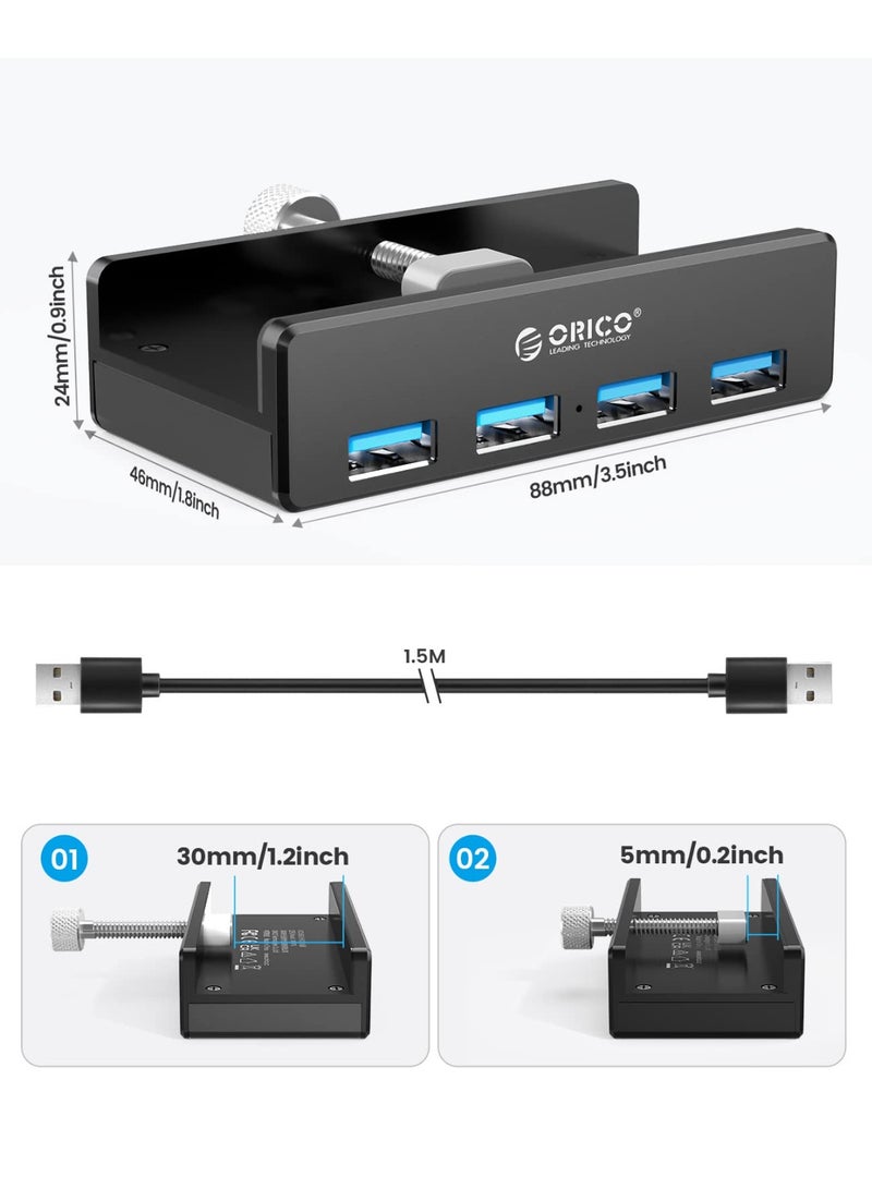 ORICO USB 3.0 Hub, USB Hub Clamp, Aluminum 4-Port USB Splitter with Extra Power Supply Port and 4.92 FT USB A to USB A and USB A to USB C Cable, Desktop Powered USB Hub for Monitors/Desks-black - Image 3