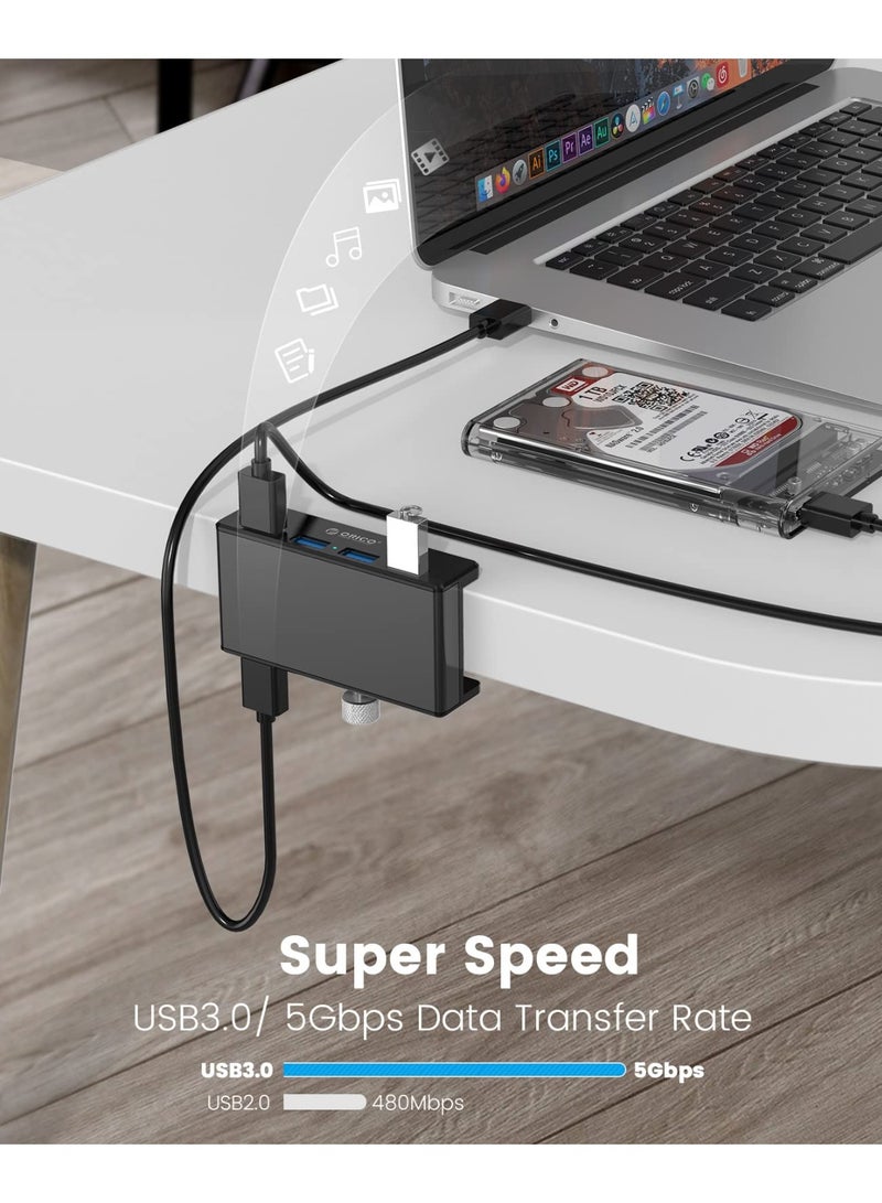 ORICO USB 3.0 Hub, USB Hub Clamp, Aluminum 4-Port USB Splitter with Extra Power Supply Port and 4.92 FT USB A to USB A and USB A to USB C Cable, Desktop Powered USB Hub for Monitors/Desks-black - Image 2