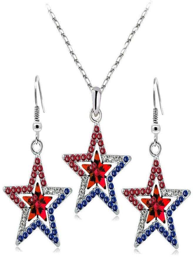 Mall of Style July 4th Jewelry Set for Women - Star Necklace Earrings - Patriotic Jewelry (Red Stones Set) - Image 1