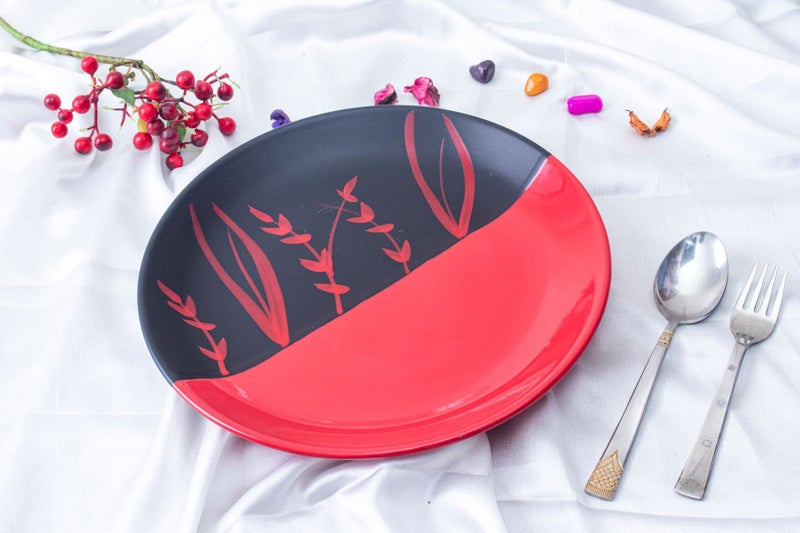 Caffeine Ceramic Handmade Stoneware Half Red & Black Bamboo Quarter Plate 7”(Set of 1 Dishwasher & Microwave Safe) - Image 2