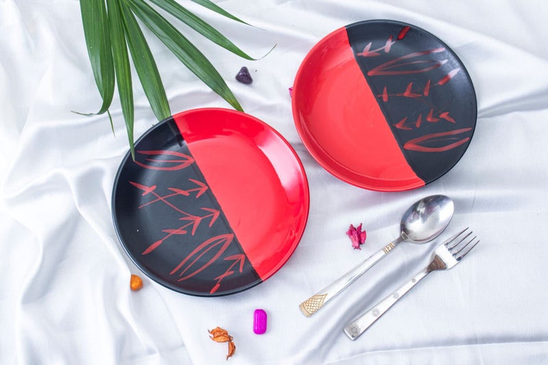 Caffeine Ceramic Handmade Stoneware Half Red & Black Bamboo Quarter Plate 7”(Set of 1 Dishwasher & Microwave Safe) - Image 1