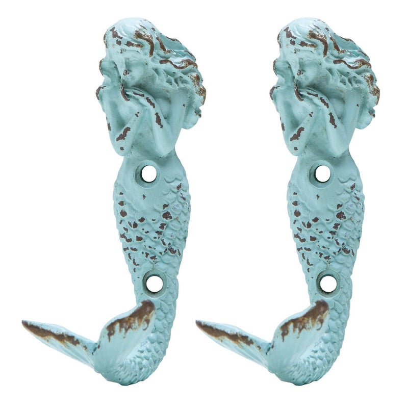 SOFFEE DESIGN 2pcs Mermaid Shape Metal Wall Coat Hooks Farmhouse Decoration Wall Mounted Hanging Racks Coat Hooks for Keys Towels Clothes Scarf Bag