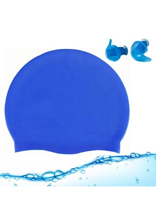Swimming Cap - Swimming Cap for Women - Swimming Cap for Men - Swimming Cap Kids -Swimming Hat - Pool Cap - Silicone Swim Cap with Reusable Silicone Ear Plugs (Blue Set)